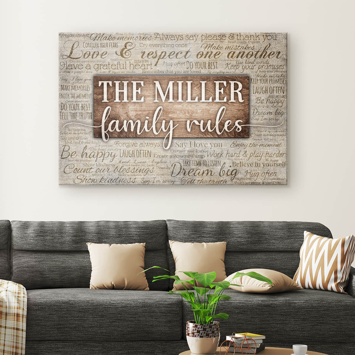 Personalized "Family Rules" Phrases on Background Premium Canvas