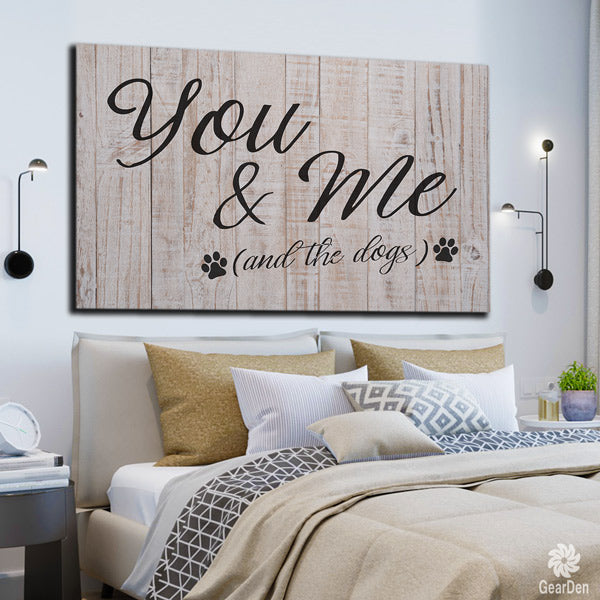 you and me and the dogs plain wood style canvas wall art