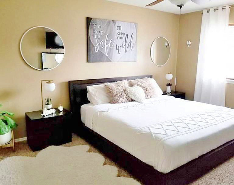 minimalist bedroom, romantic bedroom, beige walls, couple wall art -- real homes decorated by Gear Den customers
