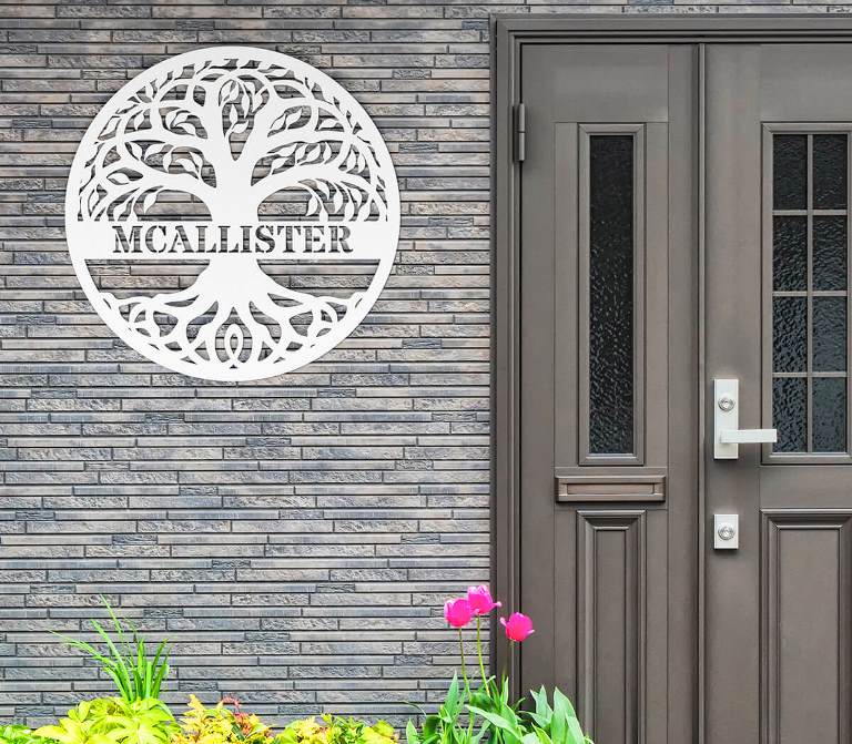 front door patio with custom metal art sign - GearDen