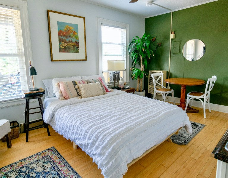 green bedroom - rental decor - how to decorate rented home - GearDen