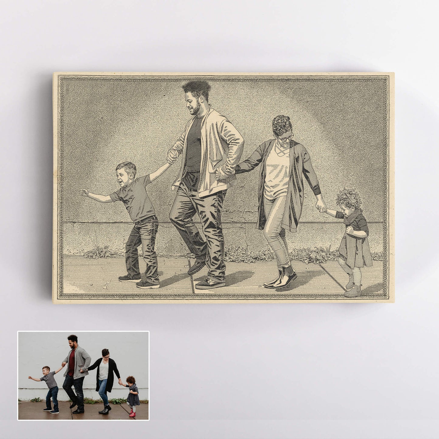 Personalized Vintage Engraving-Style Family Portrait Canvas – From Your Photo