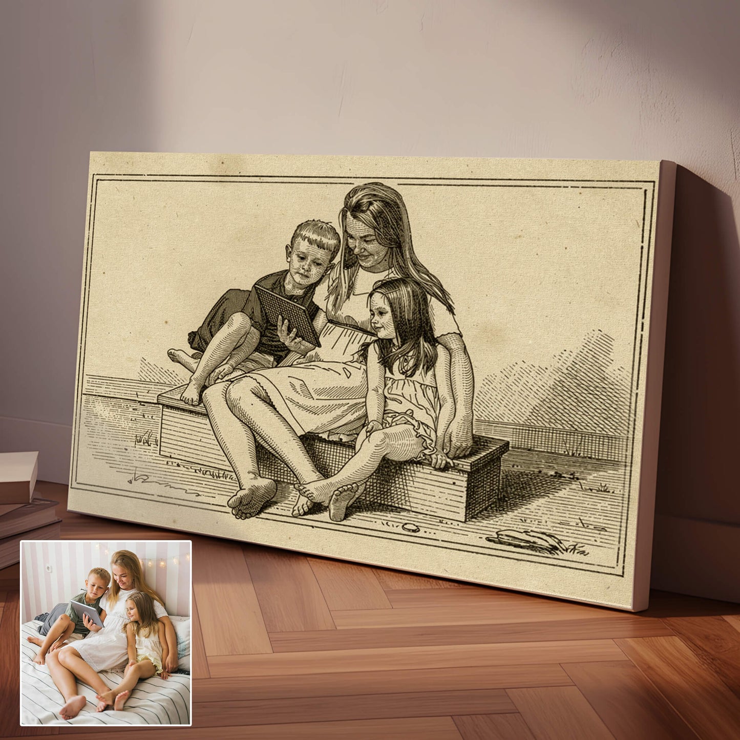 Personalized Vintage Engraving-Style Family Portrait Canvas – From Your Photo