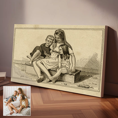 Personalized Vintage Engraving-Style Family Portrait Canvas – From Your Photo