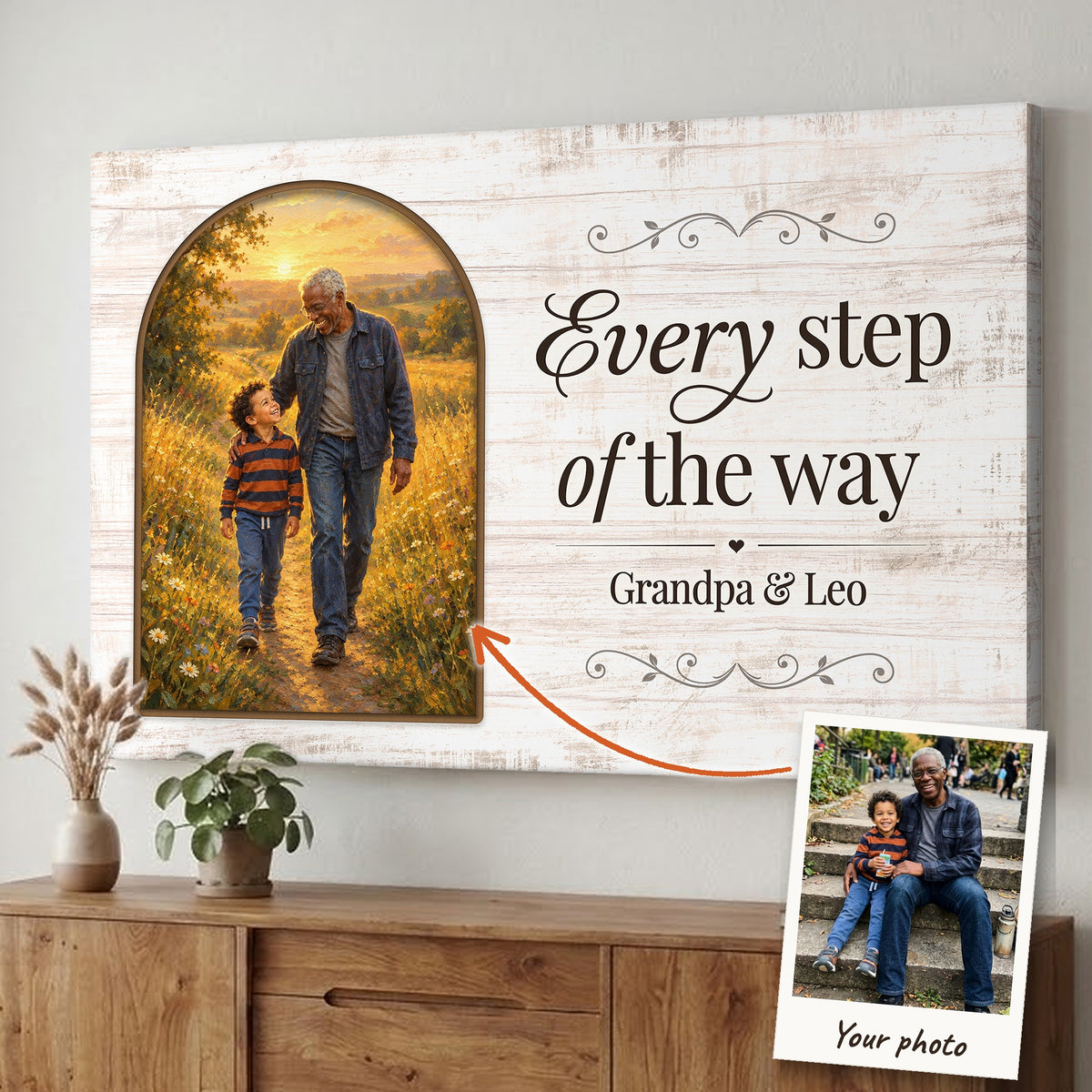 Personalized painted portrait canvas from a photo: a snapshot of a grandfather and grandson on park steps turned into an oil-painting-style picture of them walking a sunlit country lane, with the words Every step of the way and the names Grandpa & Leo