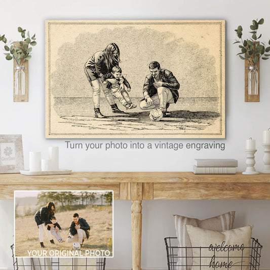Personalized Vintage Engraving-Style Family Portrait Canvas – From Your Photo