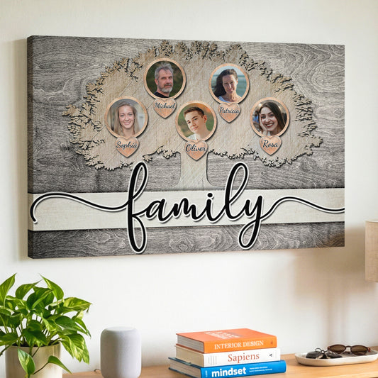 A personalized family canvas wall art print. The rustic wood-style canvas features a tree silhouette with five circular family portrait cutouts, heart-shaped nameplates, and the word 'family' in large script across the bottom.