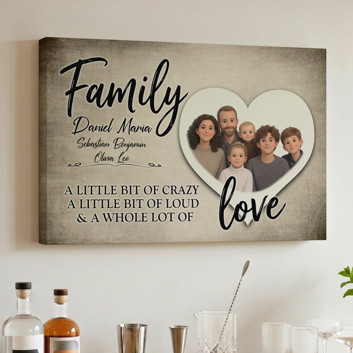 Personalized Cartoon Family Portrait Canvas – Family Love Heart