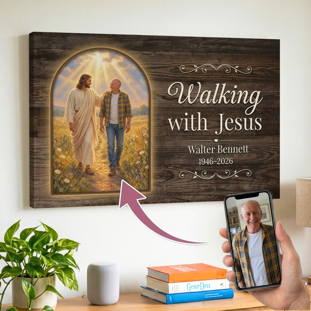 Personalized memorial canvas from a photo: a snapshot of an older man turned into an oil-painting-style picture of him walking with Jesus down a sunlit country lane, inside a glowing arch on rustic wood, with the words Walking with Jesus and the name Walter Bennett, 1946 – 2026