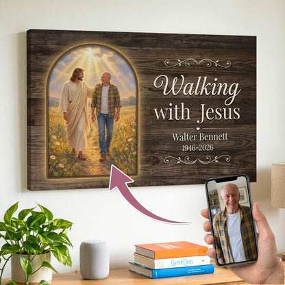Personalized memorial canvas from a photo: a snapshot of an older man turned into an oil-painting-style picture of him walking with Jesus down a sunlit country lane, inside a glowing arch on rustic wood, with the words Walking with Jesus and the name Walter Bennett, 1946 – 2026