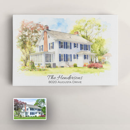 Personalized Watercolor Style House Portrait Premium Canvas – Custom From Your Photo