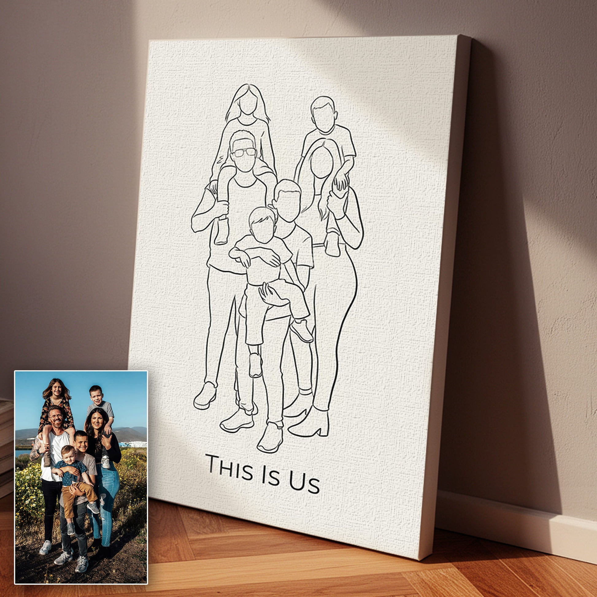 Family portrait in line art style on a white canvas with a photo of the family below.