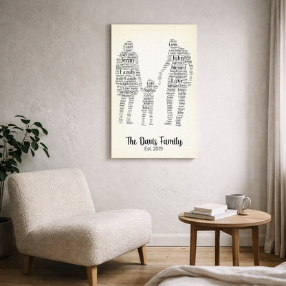 Personalized Family Silhouette Canvas Print with Names in Word Art