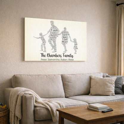 Personalized Family Silhouette Canvas Print with Names in Word Art