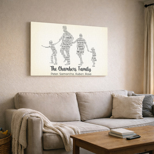 Personalized Family Silhouette Canvas Print with Names in Word Art