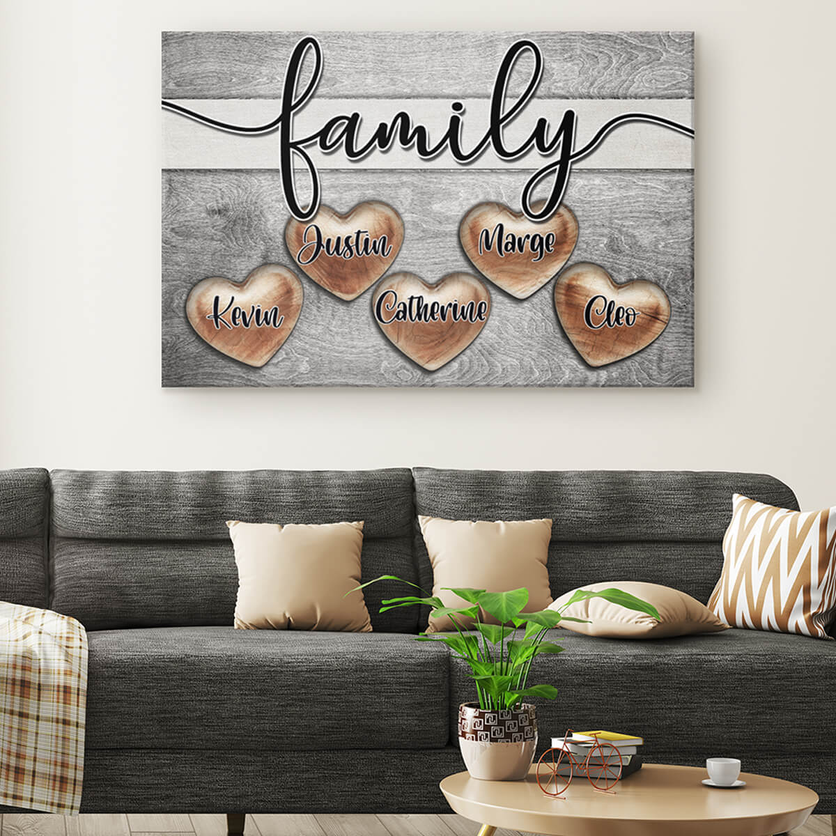 Personalized "Family - Names On Wood Hearts" Canvas Wall Art