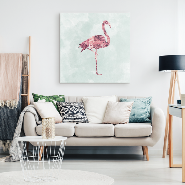 white living room with wall art of pink flamingo on blue background - Gear Den
