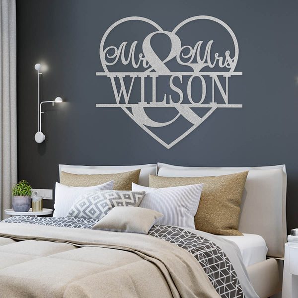 bedroom with metal decor - custom couple metal art - mr and mrs with last name - GearDen