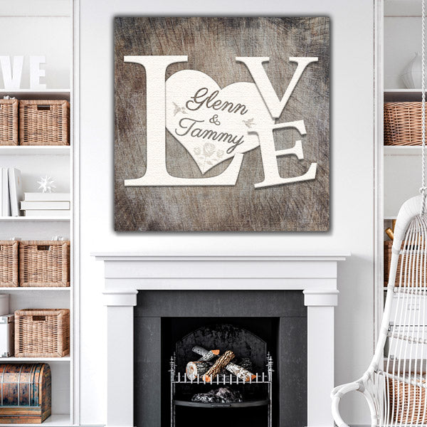 Fireplace with personalized couples wall art - Gear Den