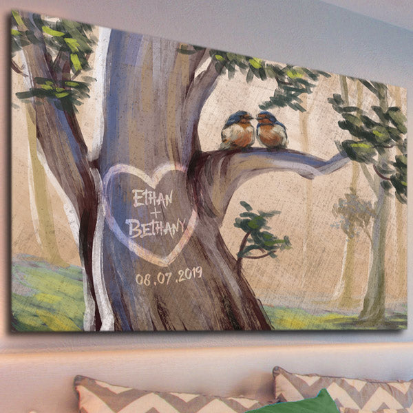 Personalized Couples Canvas Art Watercolor Style Heart - Names On A Tree
