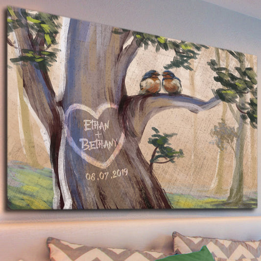 Personalized Couples Canvas Art Watercolor Style Heart - Names On A Tree
