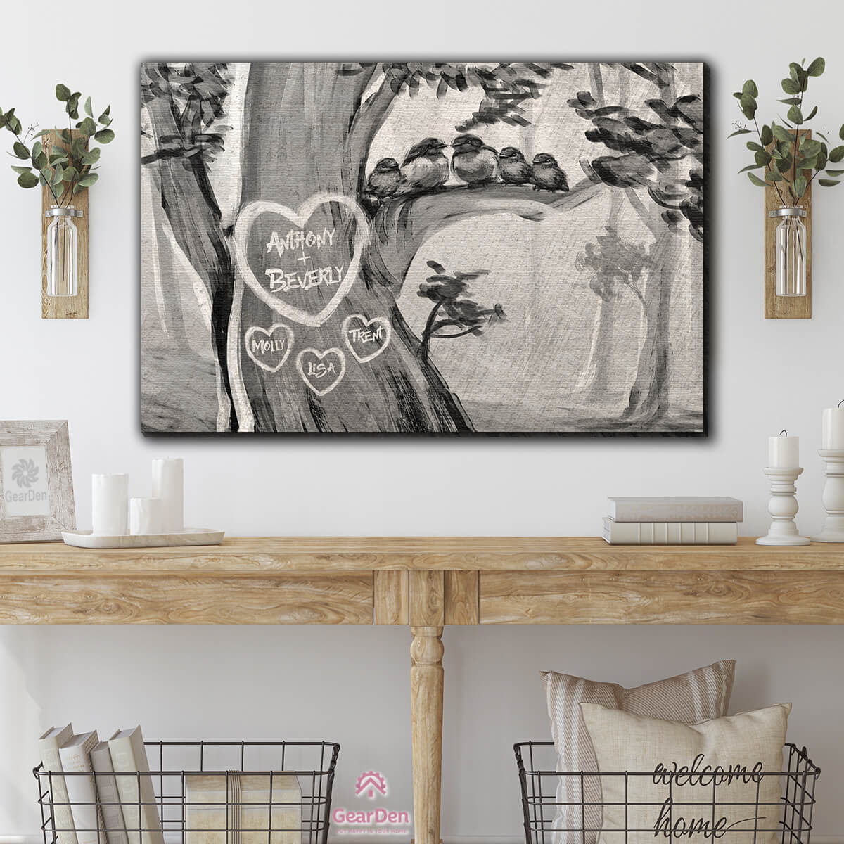 Personalized Canvas Art Watercolor family Names Carved On A Tree