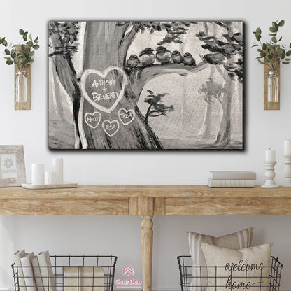 Personalized Canvas Art Watercolor family Names Carved On A Tree