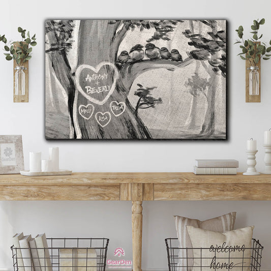 Personalized Canvas Art Watercolor family Names Carved On A Tree