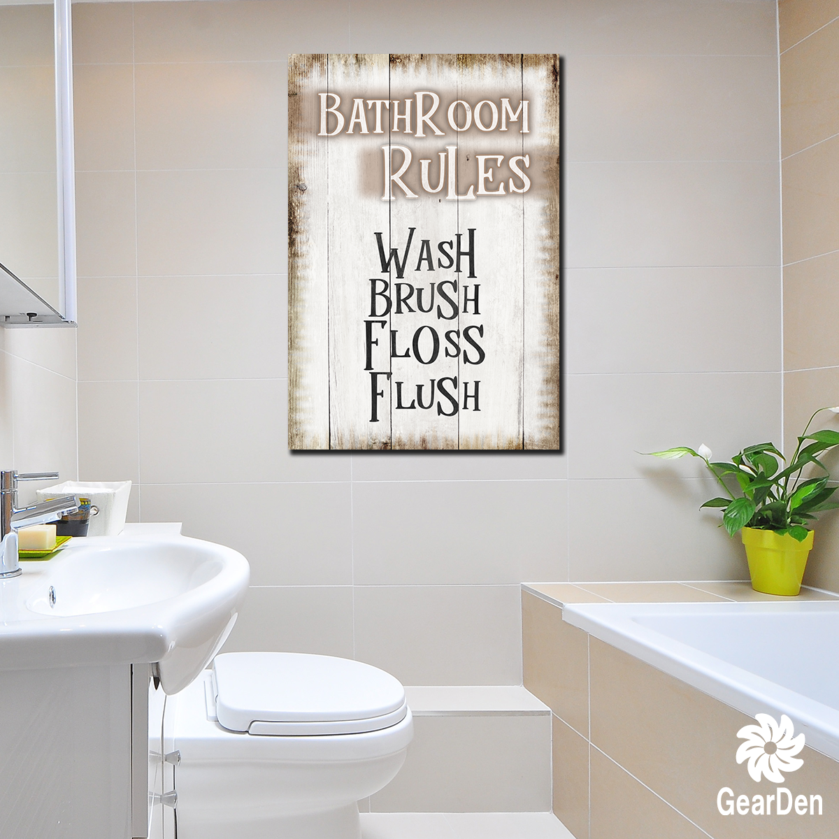 "Bathroom Rules - Wash Brush Floss Flush" Premium Canvas