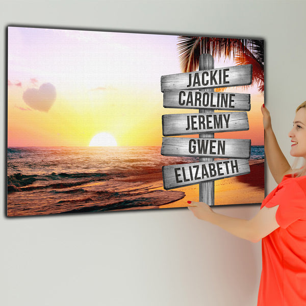 Personalized Names "Colorful Love Sunset Beach" Premium Canvas Wall Art