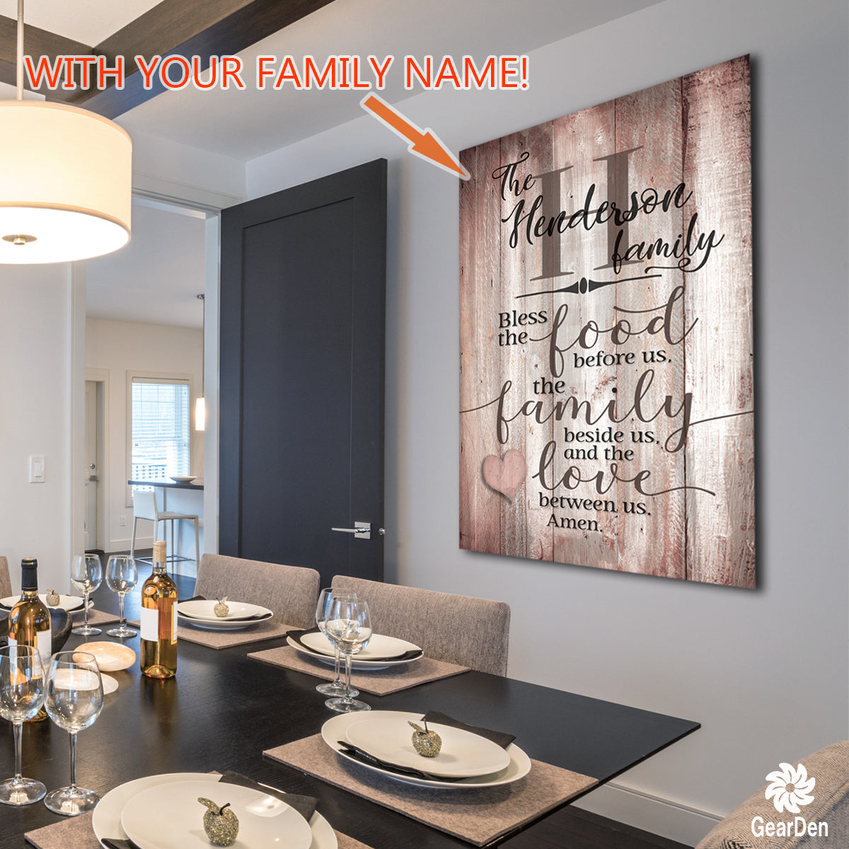 Personalized Wood Colored "Food, Family, Love" Premium Canvas Canvas Wall Art