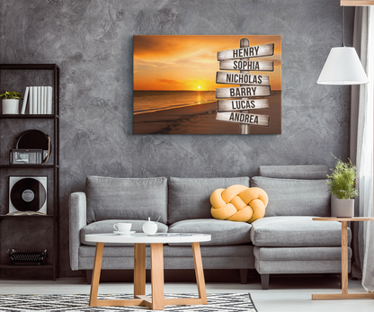 Personalized "Sunset Beach - Names On Rustic Sign" Premium Canvas