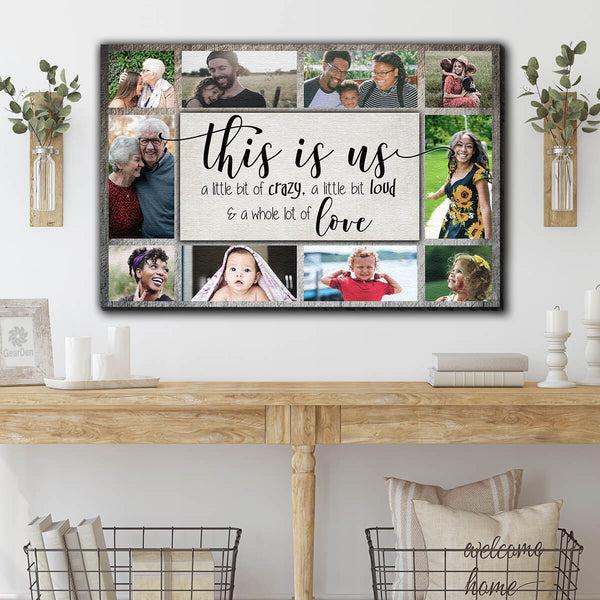 wall art with wall-mounted plants on either side - collage family photos art print with quote that says "family, a little bit of crazy, a little bit of loud, a whole lot of love" - Gear Den