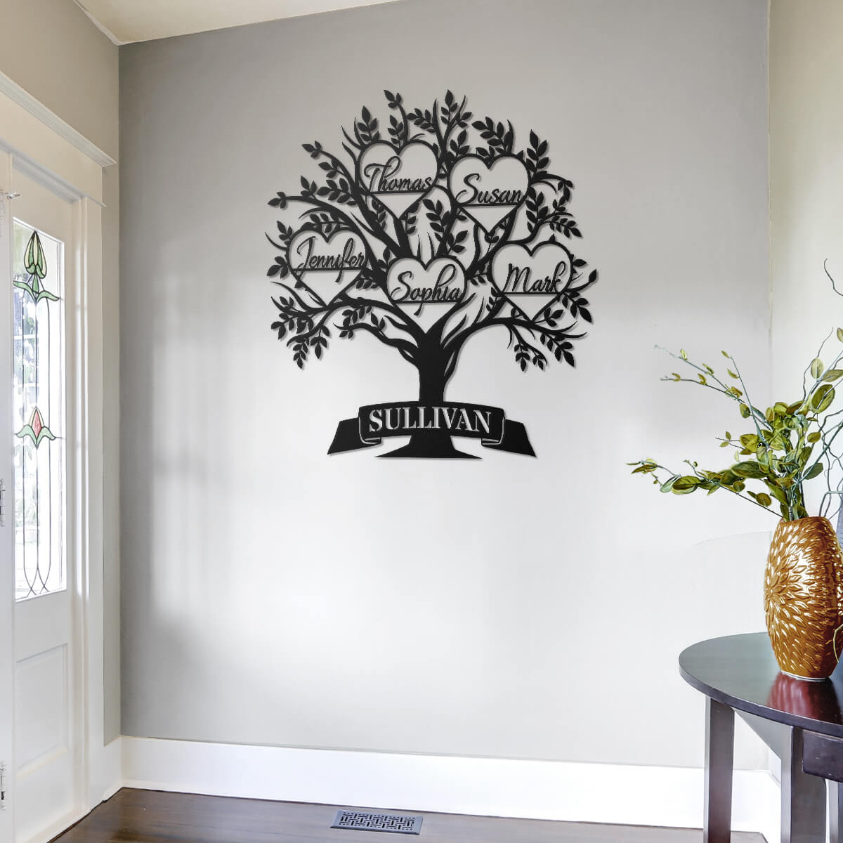 Personalized "Family Tree" Custom Metal Sign with names in hearts and surname