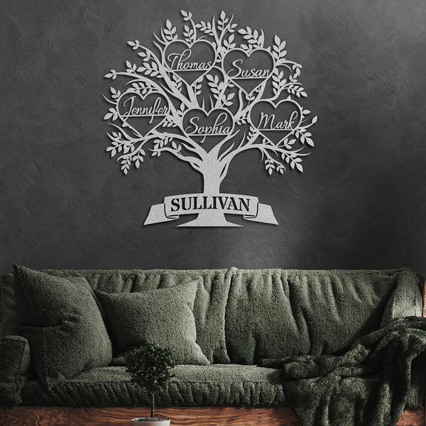 living room with black walls, green couch, and custom family name metal sign - GearDen