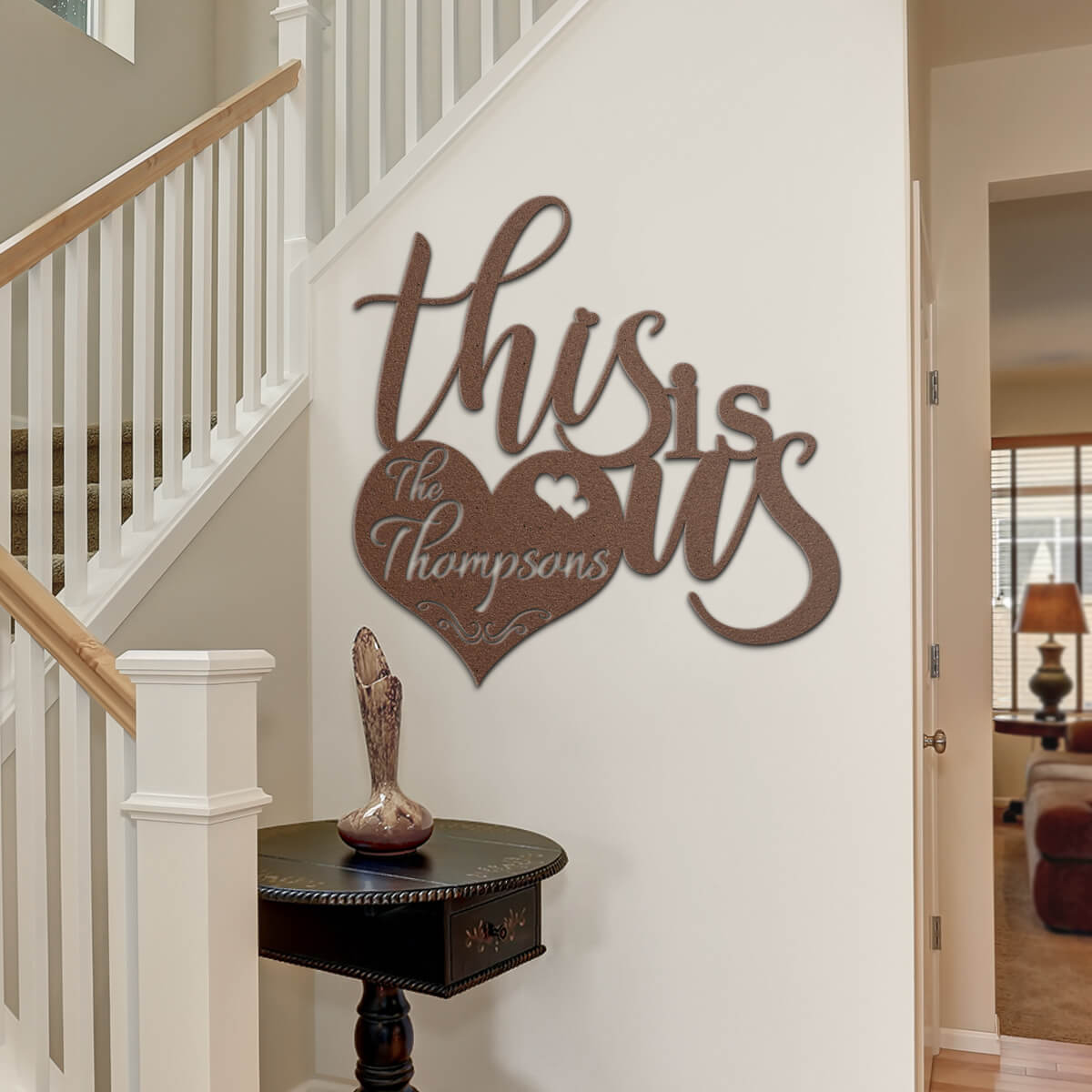 Staircase landing with personalized family name wall art - GearDen