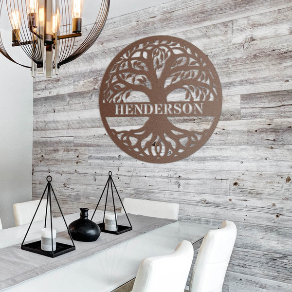 white dining room chairs - wooden accent walls - metal candle holders - large personalized family name metal wall art - GearDen