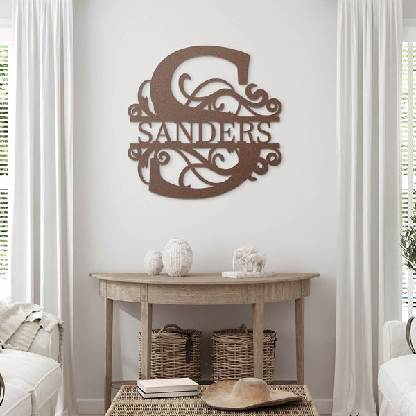 semi-circle console table - wicker basket decor - personalized family name metal wall art - GearDen