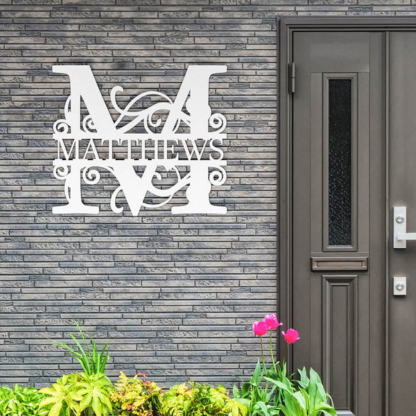 front door with monogram sign - custom monogram metal sign - metal monogram with family name - GearDen