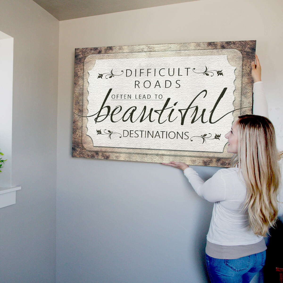 "Difficult Roads Lead To Beautiful Destinations" Premium Rustic Canvas Wall Art