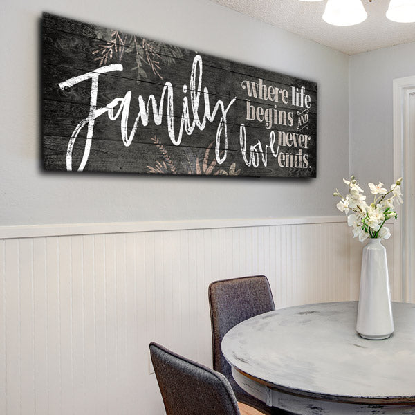 "Family - Where Life Begins - Love Never Ends" Premium Panoramic Canvas Wall Art