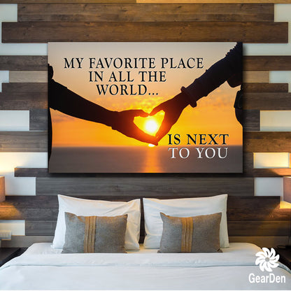 "My Favorite Place in the Whole World is Next to You" sunset image with typography quote canvas