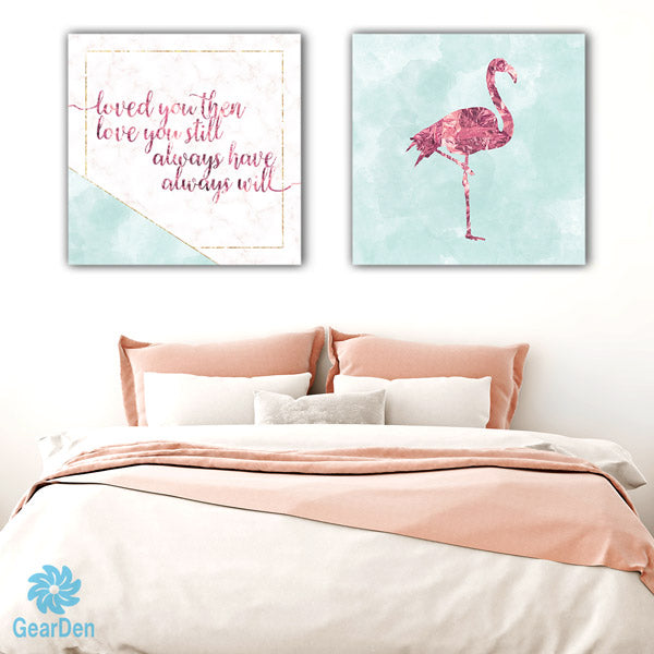 minimalist bedroom with pink flamingo wall art - Gear Den