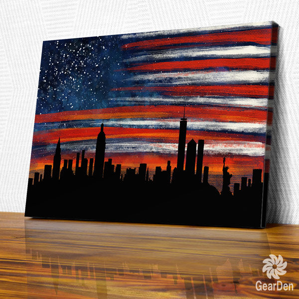 "Stars And Stripes New York Evening Skyline" Canvas Wall Art