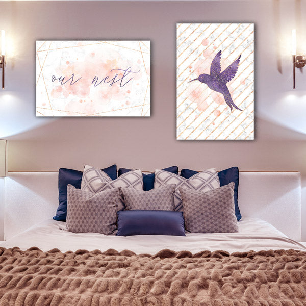 bedroom with pink and purple wall art - purple hummingbird with pink striped background - Gear Den