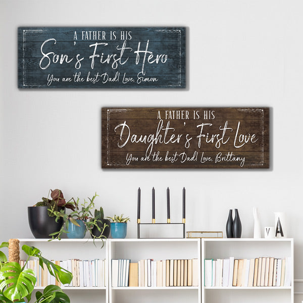 Personalized "A Father - Son's Daughter's First Hero" Premium Panoramic Canvas Wall Art