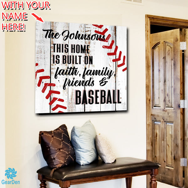 personalized custom canvas wall art this home is built on faith family friends baseball 