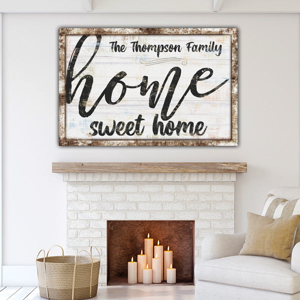 white fireplace - wooden top fireplace - wicker basket - personalized large wooden family name wall art - GearDen