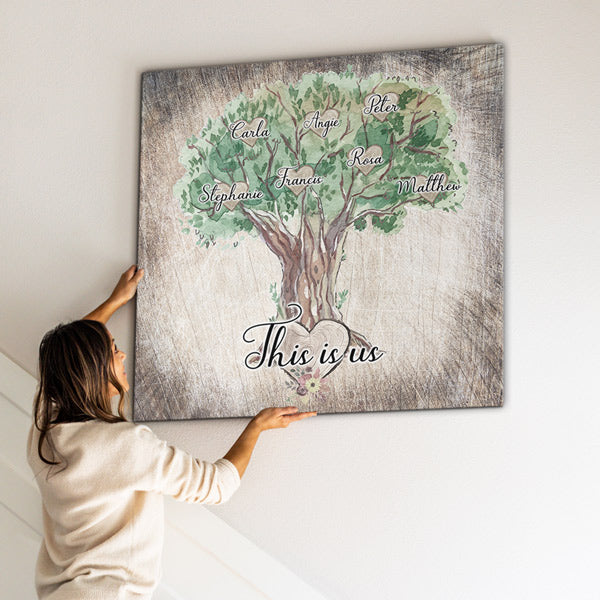 woman hanging custom family tree with names wall art print - GearDen
