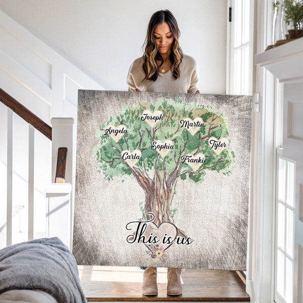 white wooden staircase - large personalized family tree wall art - GearDen